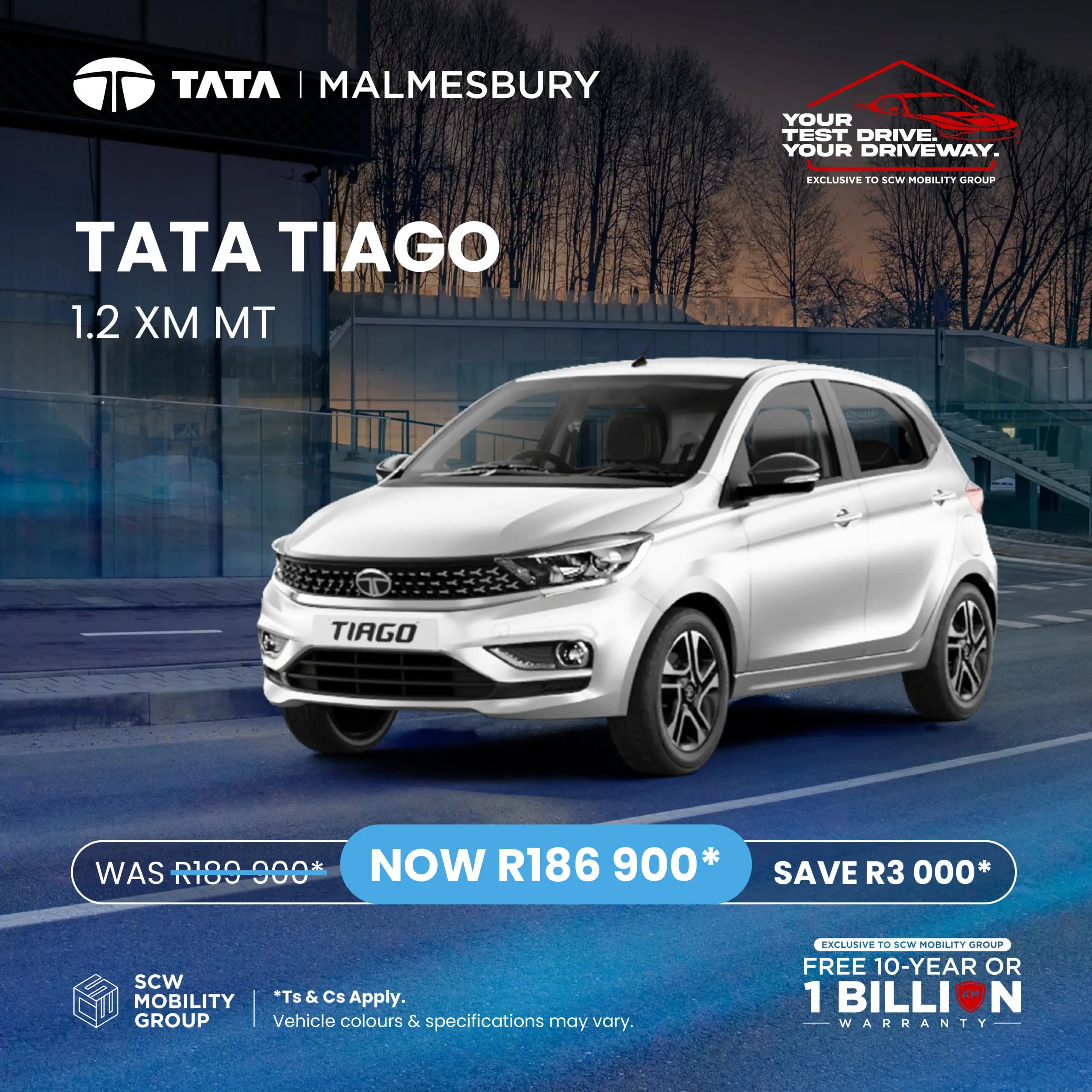 An advertising graphic for a white Tata Tiago 1.2 XM MT hatchback, featuring promotional pricing and warranty details from Tata Malmesbury.